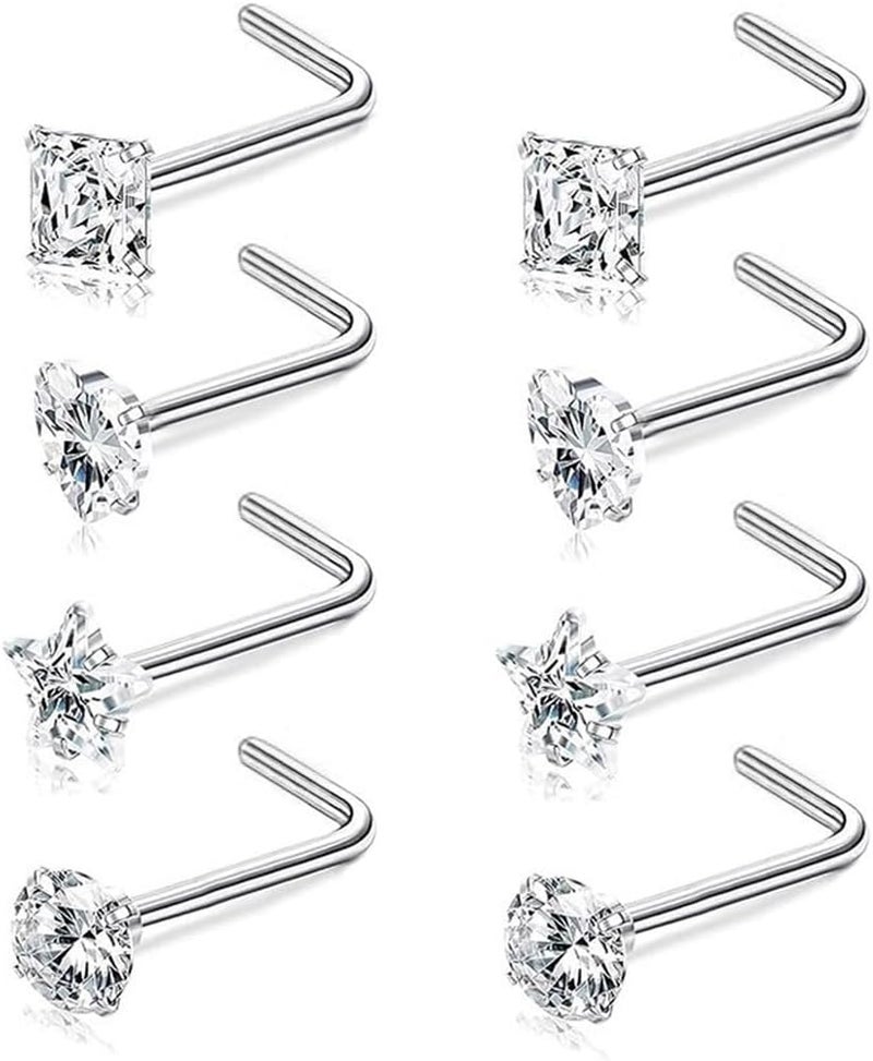 SEEDRILL 8Pcs 20G Nose Rings studs for Woman Hypoallergenic Nose Studs 316L Surgical Steel with Gold Plated Nose Piercings Jewelry 3mm CZ L Shape Nose Rings 20 Gauge Nose Stud Nose Screw Studs - Image 1